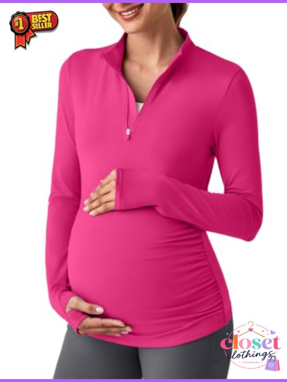 Maternity Long Sleeve Quarter Zip Pregnancy Top UPF 50+ Activewear Shirt